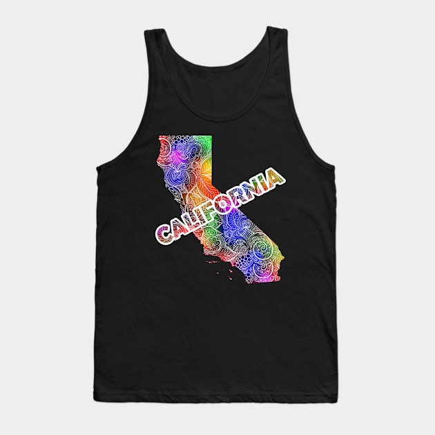 Colorful mandala art map of California with text in multicolor pattern Tank Top by Happy Citizen